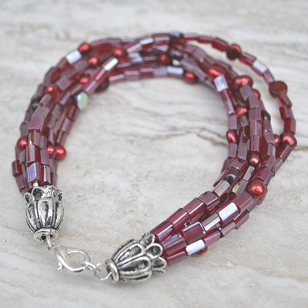 Pearl & Iridescent Glass Multi Strand Beaded Bracelet Ruby Crimsom Handm…